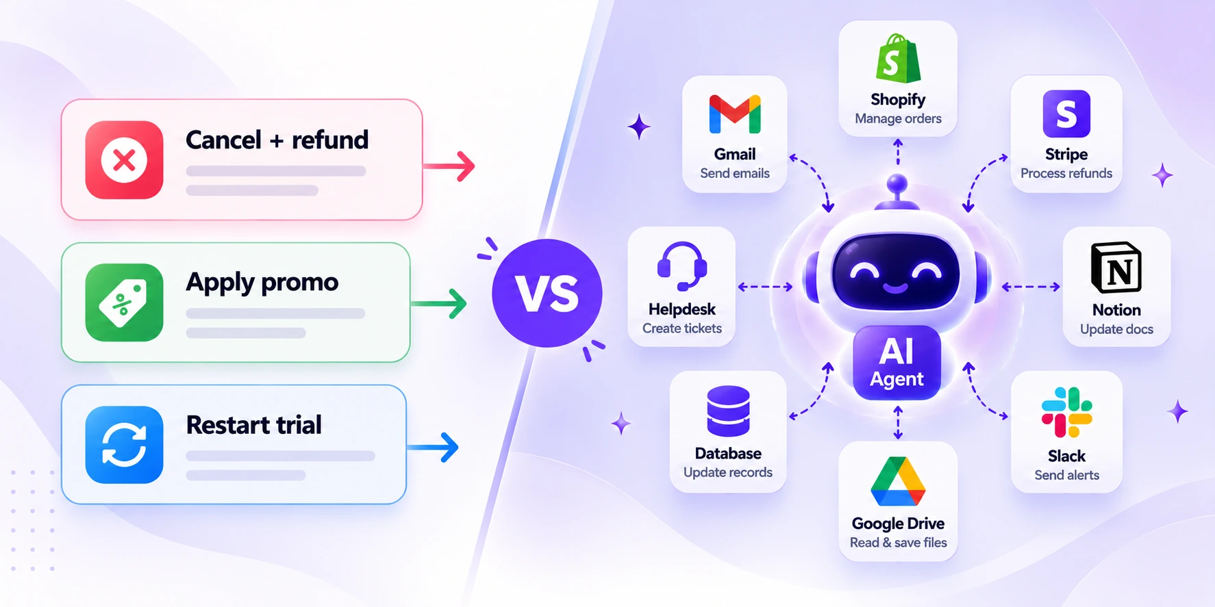 Three separate workflow branches compared with one AI agent using a set of tools